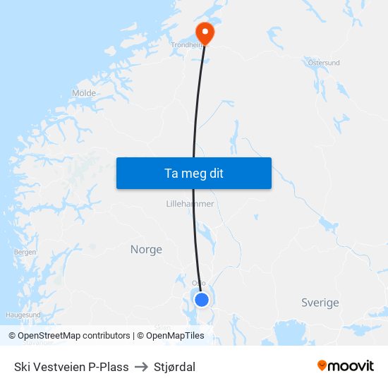 Ski Vestveien P-Plass to Stjørdal map