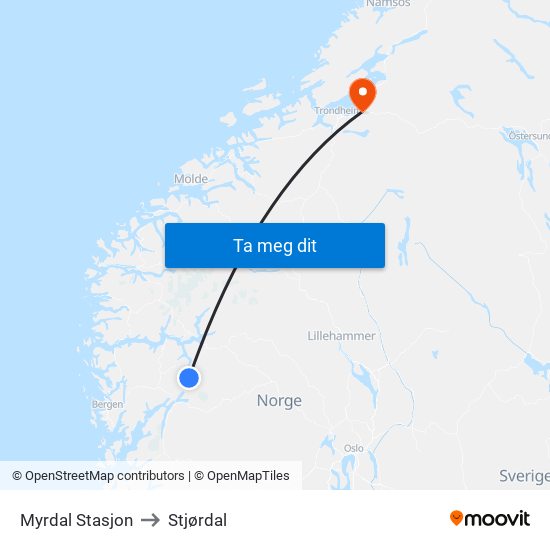 Myrdal Stasjon to Stjørdal map