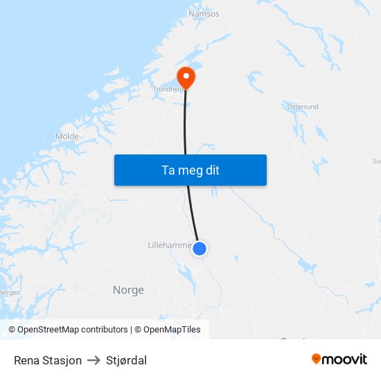 Rena Stasjon to Stjørdal map