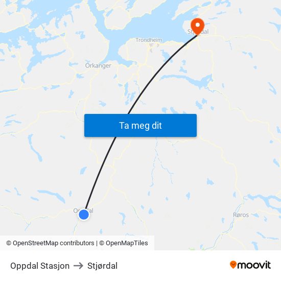 Oppdal Stasjon to Stjørdal map