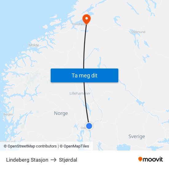 Lindeberg Stasjon to Stjørdal map