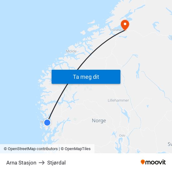Arna Stasjon to Stjørdal map