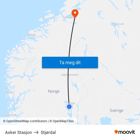 Asker Stasjon to Stjørdal map