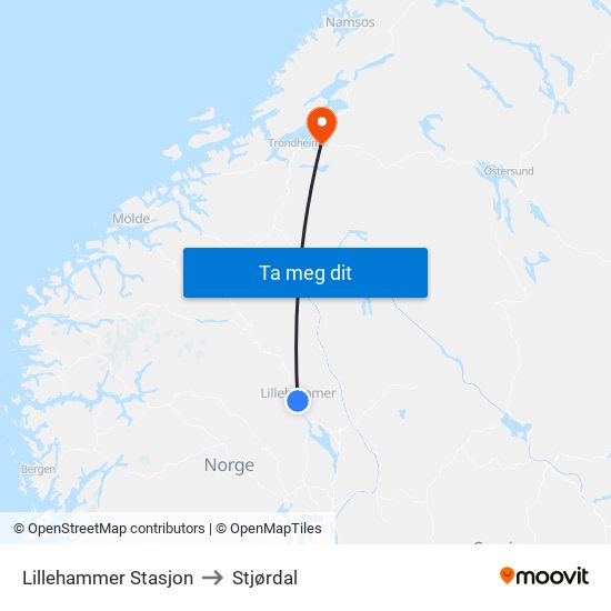 Lillehammer Stasjon to Stjørdal map