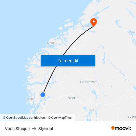 Voss Stasjon to Stjørdal map