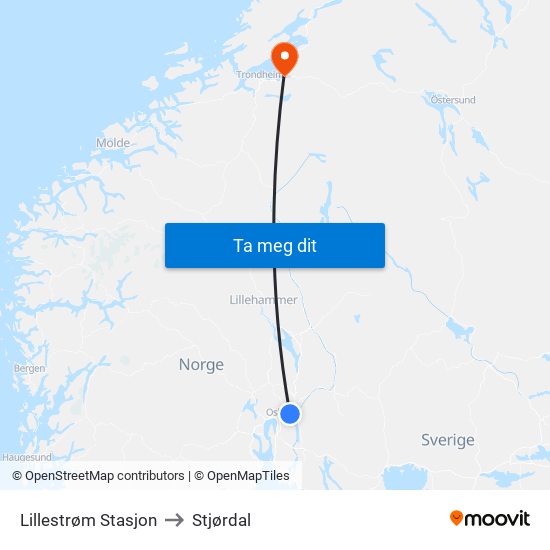 Lillestrøm Stasjon to Stjørdal map