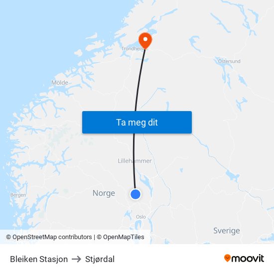 Bleiken Stasjon to Stjørdal map