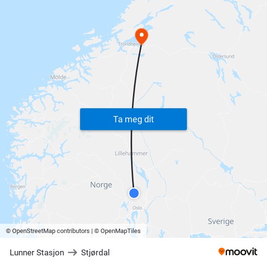 Lunner Stasjon to Stjørdal map