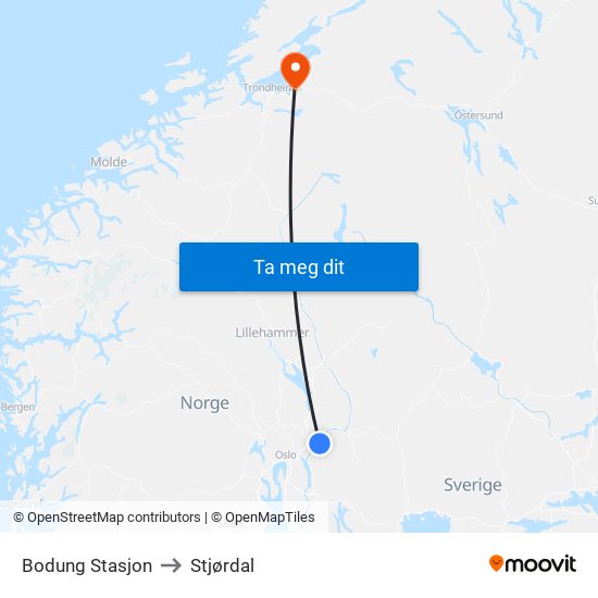 Bodung Stasjon to Stjørdal map