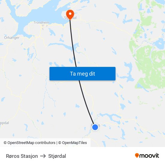 Røros Stasjon to Stjørdal map