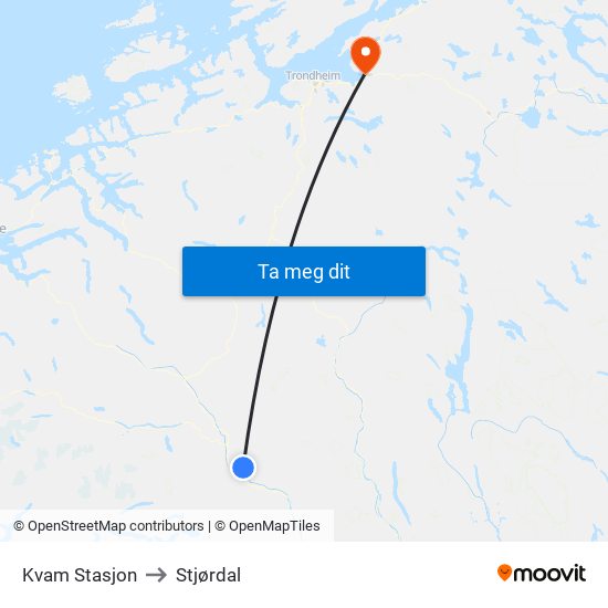 Kvam Stasjon to Stjørdal map