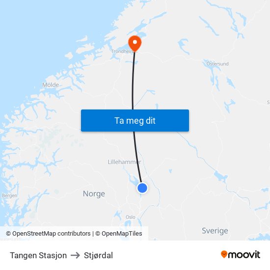 Tangen Stasjon to Stjørdal map
