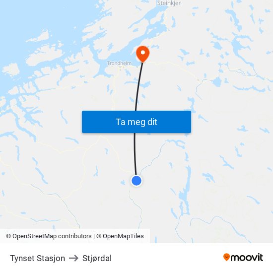 Tynset Stasjon to Stjørdal map