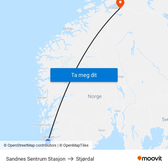 Sandnes Sentrum Stasjon to Stjørdal map