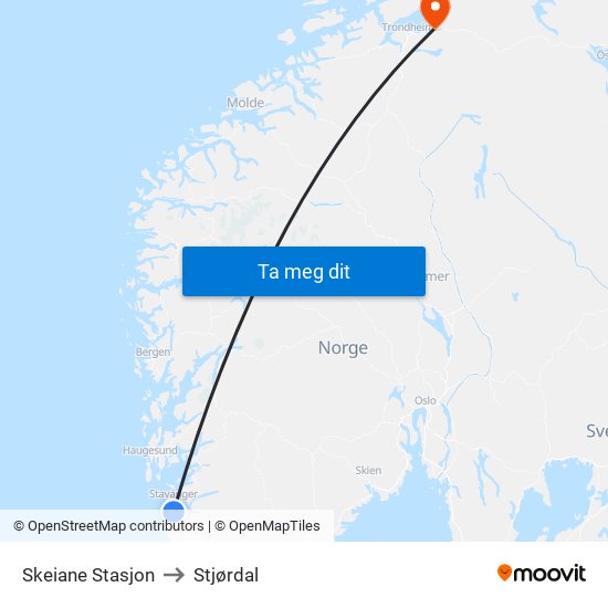 Skeiane Stasjon to Stjørdal map