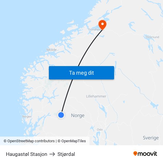 Haugastøl Stasjon to Stjørdal map