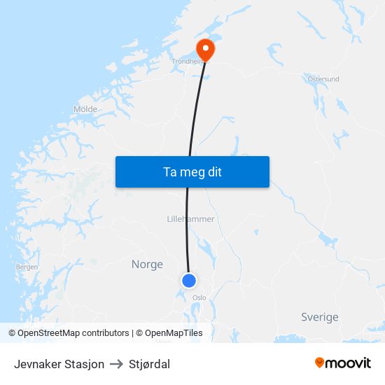 Jevnaker Stasjon to Stjørdal map