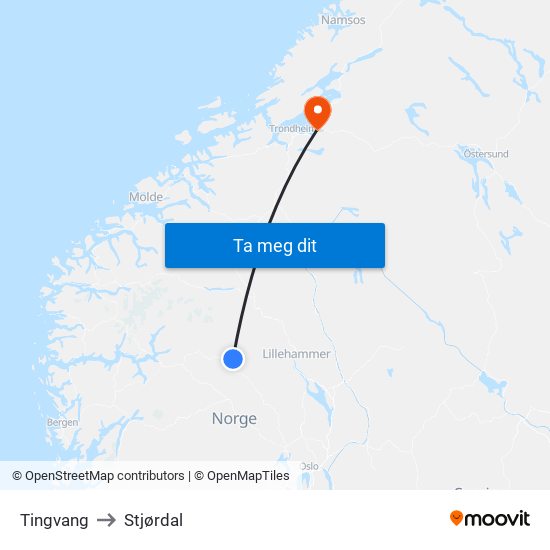 Tingvang to Stjørdal map