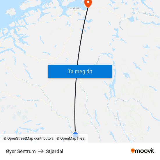 Øyer Sentrum to Stjørdal map