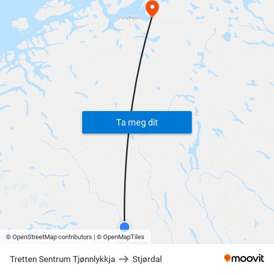 Tretten Sentrum Tjønnlykkja to Stjørdal map