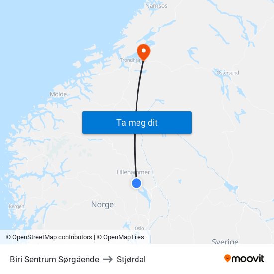 Biri Sentrum Sørgående to Stjørdal map