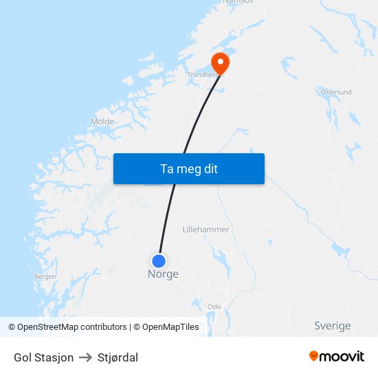 Gol Stasjon to Stjørdal map