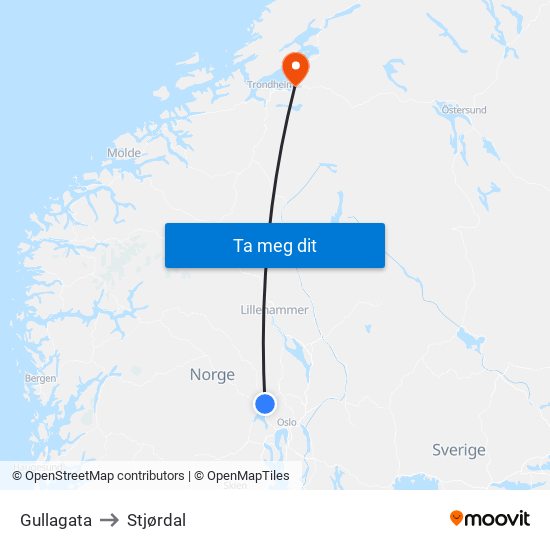 Gullagata to Stjørdal map