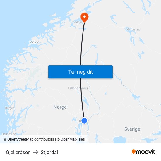 Gjelleråsen to Stjørdal map