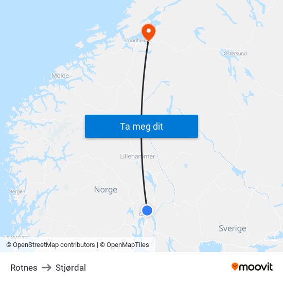 Rotnes to Stjørdal map