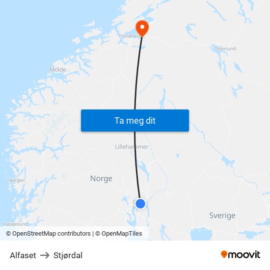 Alfaset to Stjørdal map