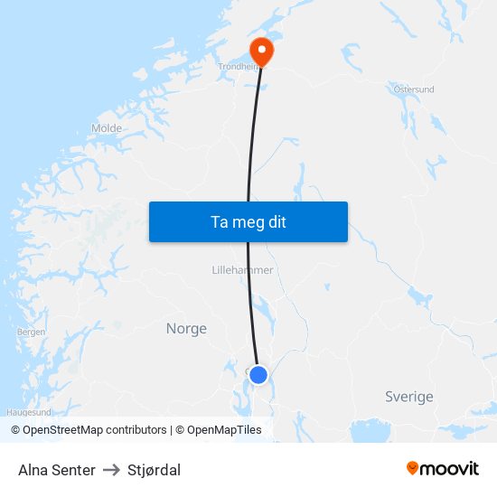 Alna Senter to Stjørdal map
