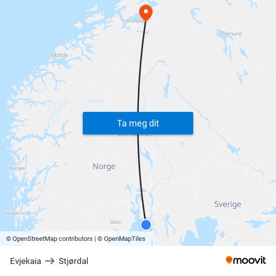 Evjekaia to Stjørdal map