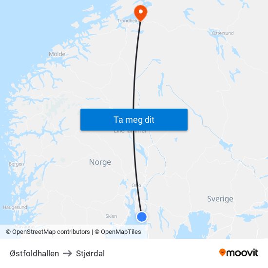 Østfoldhallen to Stjørdal map