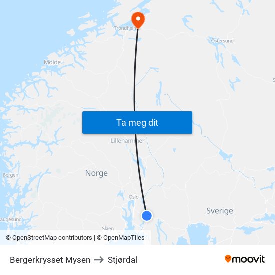 Bergerkrysset Mysen to Stjørdal map