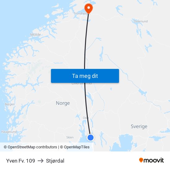 Yven Fv. 109 to Stjørdal map