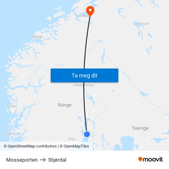 Mosseporten to Stjørdal map