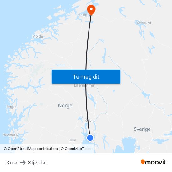 Kure to Stjørdal map
