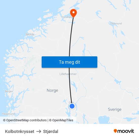 Kolbotnkrysset to Stjørdal map