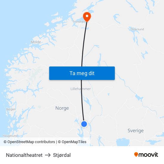 Nationaltheatret to Stjørdal map
