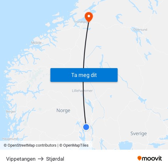 Vippetangen to Stjørdal map