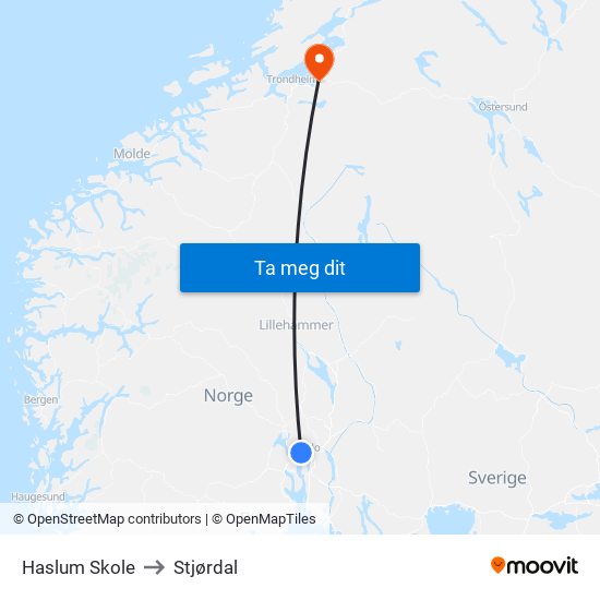 Haslum Skole to Stjørdal map