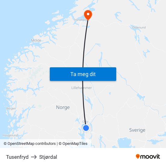 Tusenfryd to Stjørdal map