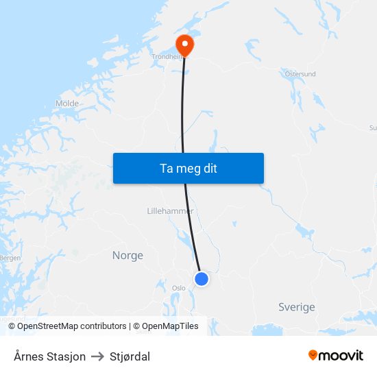 Årnes Stasjon to Stjørdal map