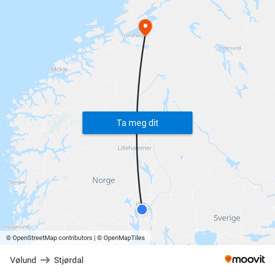 Vølund to Stjørdal map