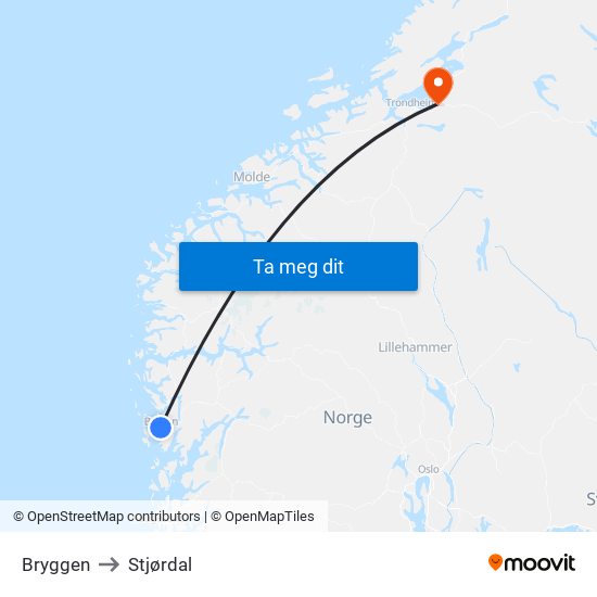 Bryggen to Stjørdal map