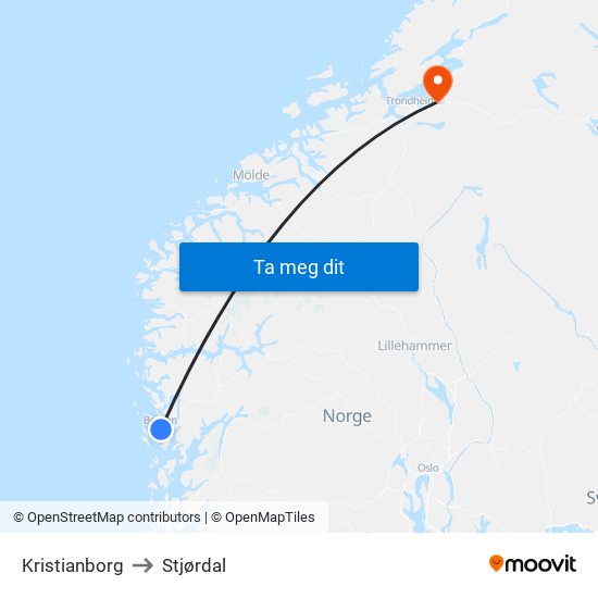 Kristianborg to Stjørdal map