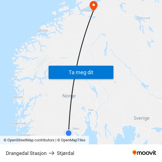 Drangedal Stasjon to Stjørdal map