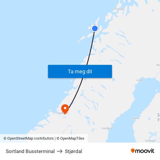 Sortland Bussterminal to Stjørdal map