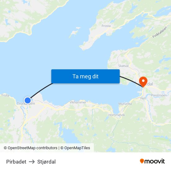 Pirbadet to Stjørdal map