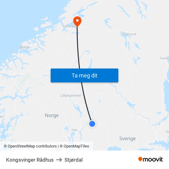 Kongsvinger Rådhus to Stjørdal map
